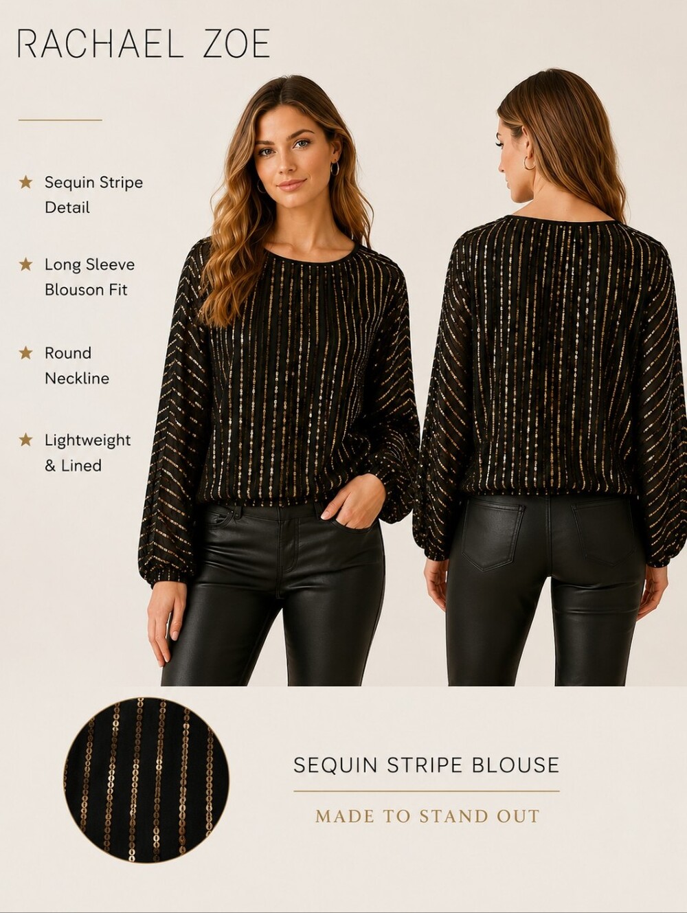 Rachel Zoe Black Gold‎ Sequin Blouse Long Sleeve Sheer Stripe Top Size 0